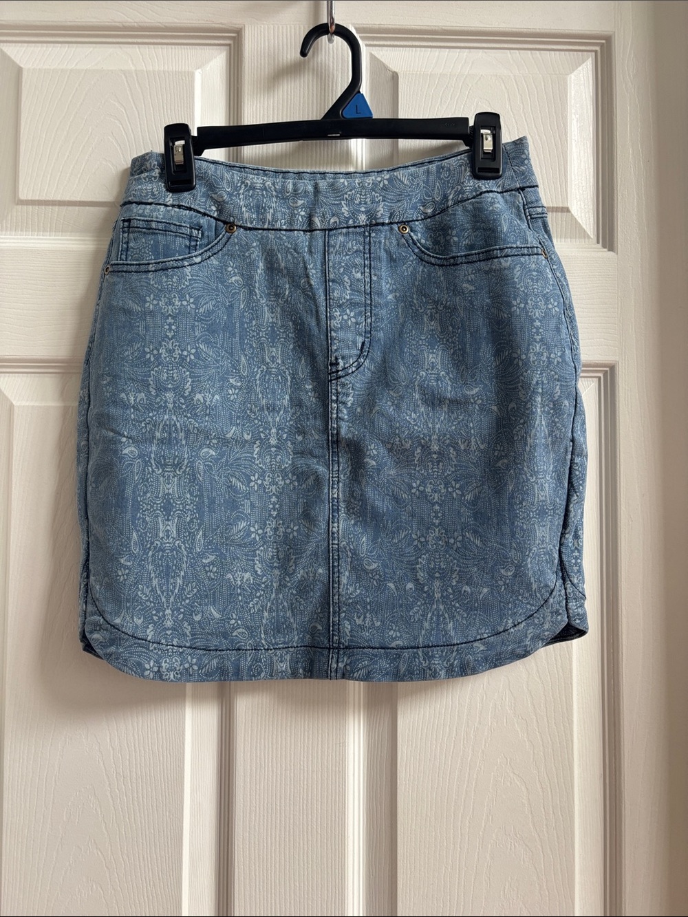 Denim Paisley Print Mini Skirt - Blue